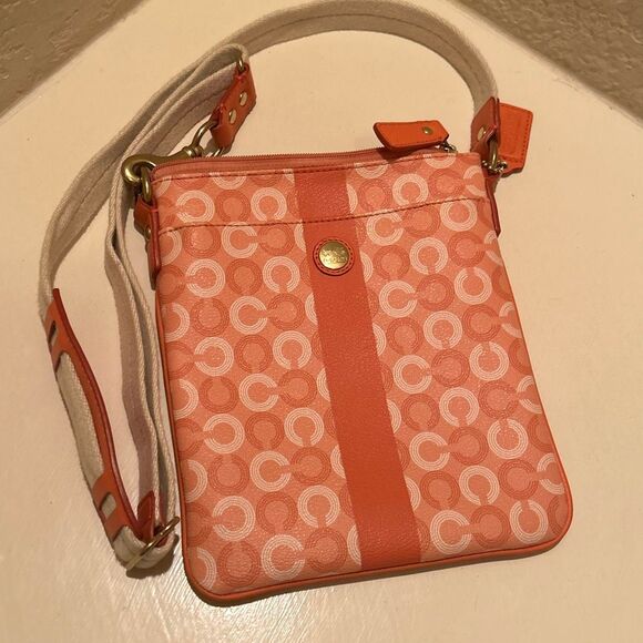 Coach Mini Messenger Crossbody Bag Purse Coral Cream Signature Logo Print - Picture 2 of 13